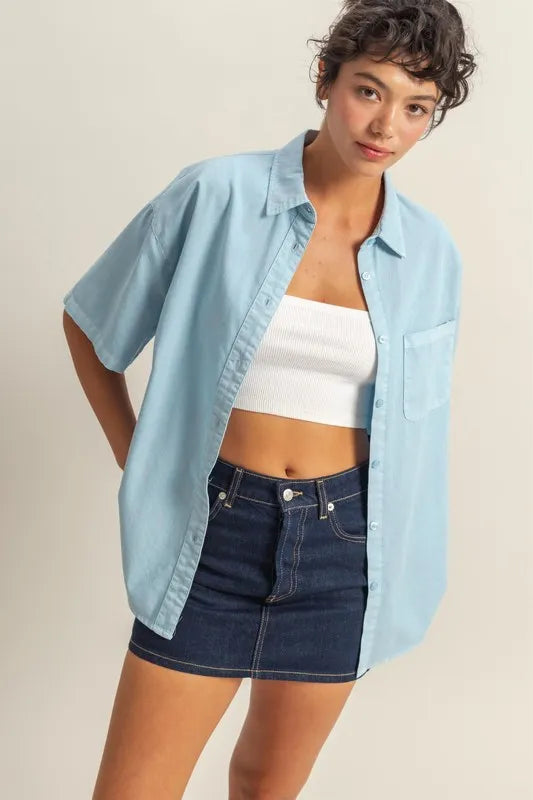 HYFVE Short Sleeve Button Down Oversized Shirt - Premium Women's Down Shirt Tops from Trendsi - Just $34.34! Shop now at Handbags Specialist Headquarter