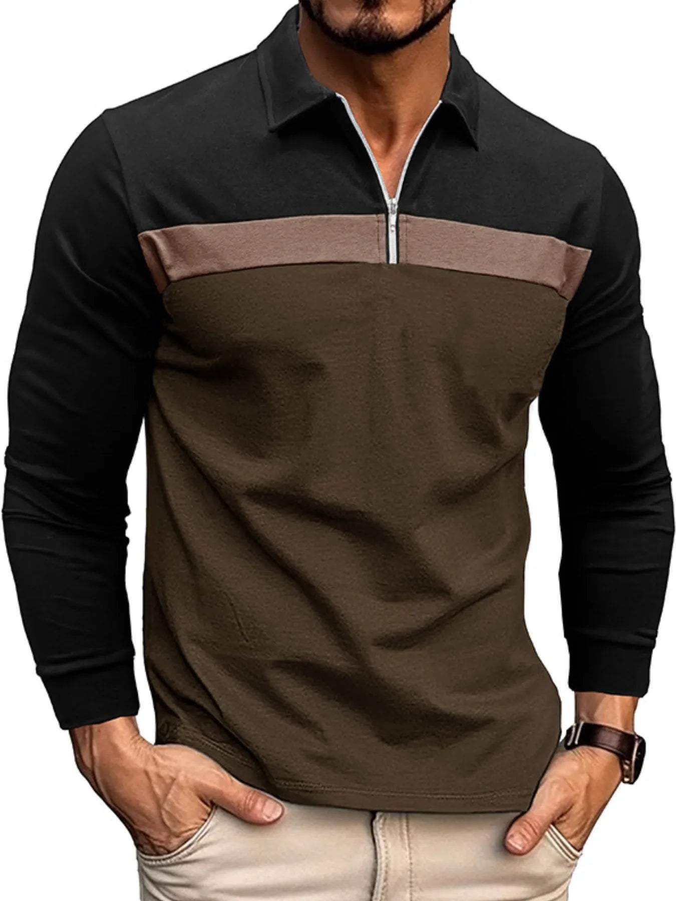 Men's Color Block Long Sleeve Polo Shirt - Premium Men's Polo shirt from Trendsi - Just $39.99! Shop now at Handbags Specialist Headquarter