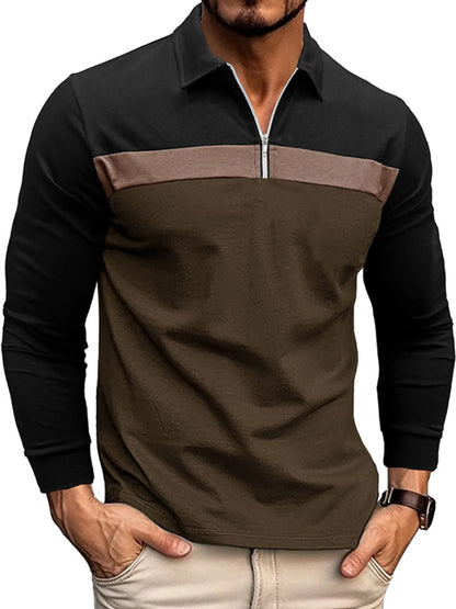Men's Color Block Long Sleeve Polo Shirt - Premium Men's Polo shirt from Trendsi - Just $39.99! Shop now at Handbags Specialist Headquarter