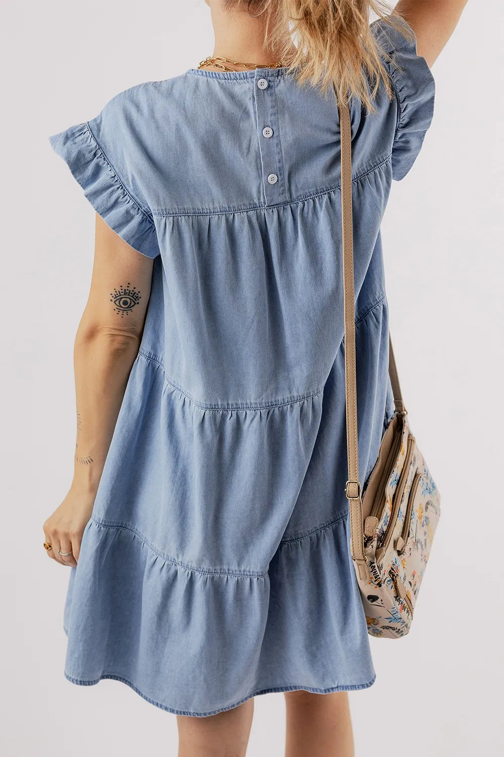 Ruffle Cap Sleeve Tiered A-line Denim Dress - Premium Women / Jeans & Denim from Trendsi - Just $49.18! Shop now at Handbags Specialist Headquarter