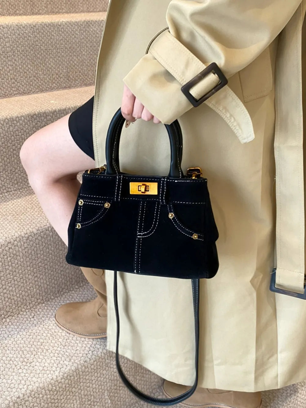 Suede Adjustable Strap Double-Use Handbag - Premium handbags from Trendsi - Just $30.99! Shop now at Handbags Specialist Headquarter