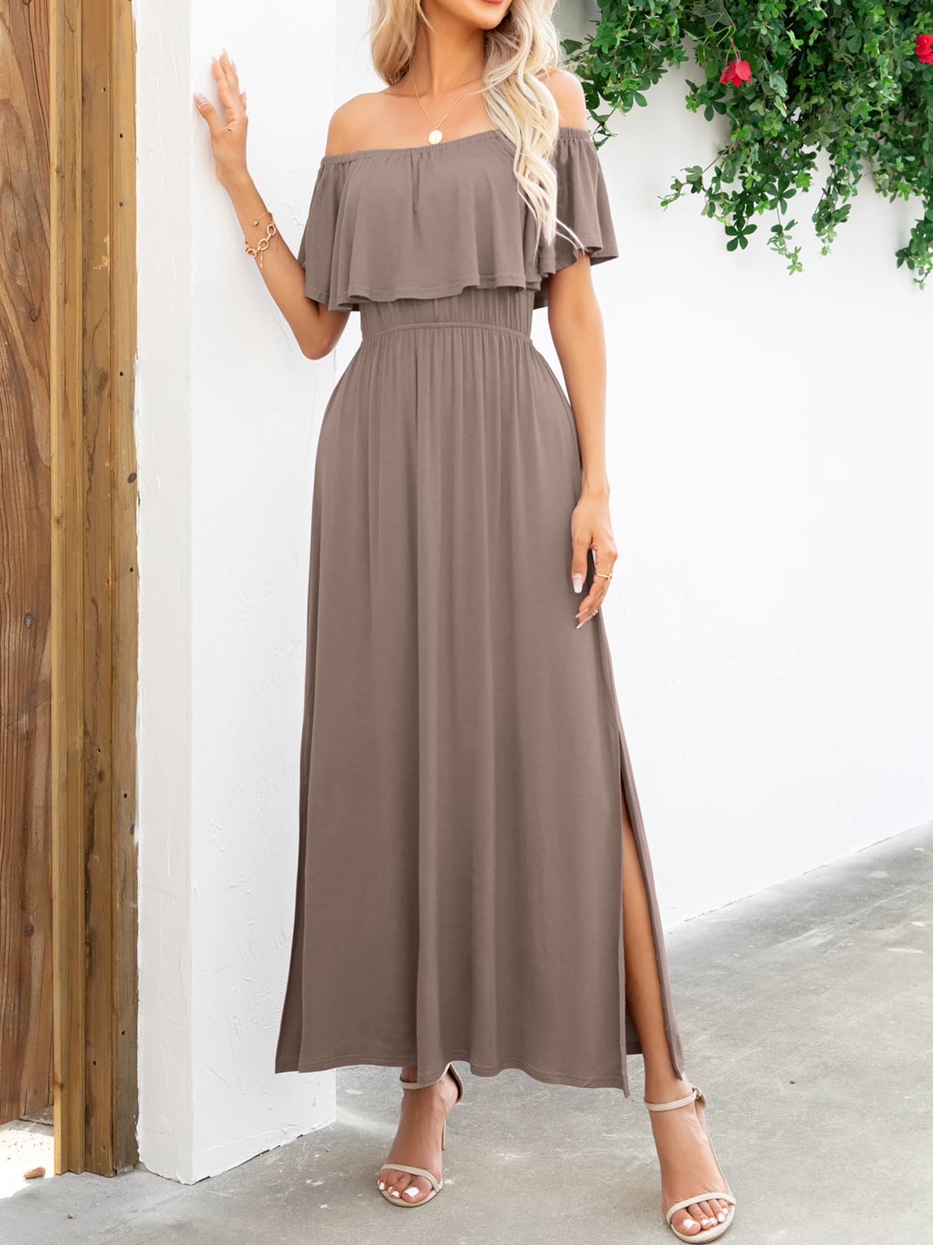 Off-Shoulder Slit Maxi Dress - Premium Maxi Dress from Trendsi - Just $49.99! Shop now at Handbags Specialist Headquarter