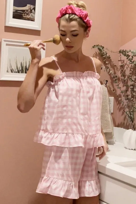 Lime 'N' Chili Gingham Ruffle Trim Cami and Shorts Pajama Set - Premium Sleepwear from Trendsi - Just $45.99! Shop now at Handbags Specialist Headquarter
