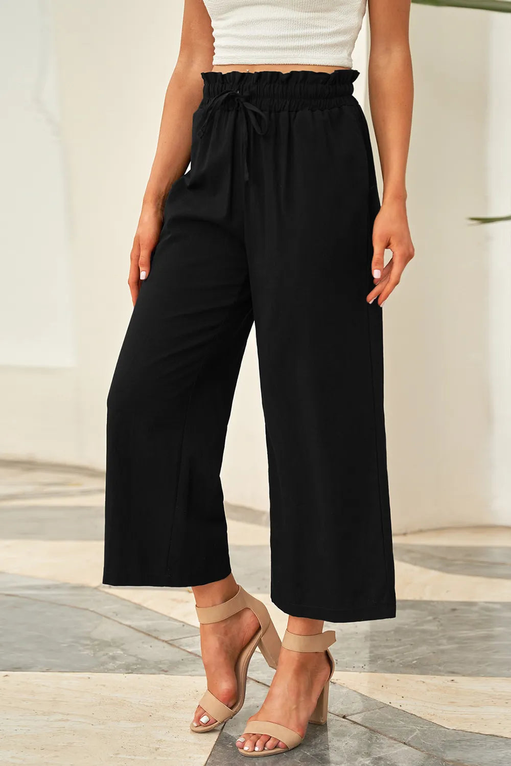 Drawstring Paperbag Waist Wide Leg Pants - Premium Women Pants from Trendsi - Just $31.99! Shop now at Handbags Specialist Headquarter