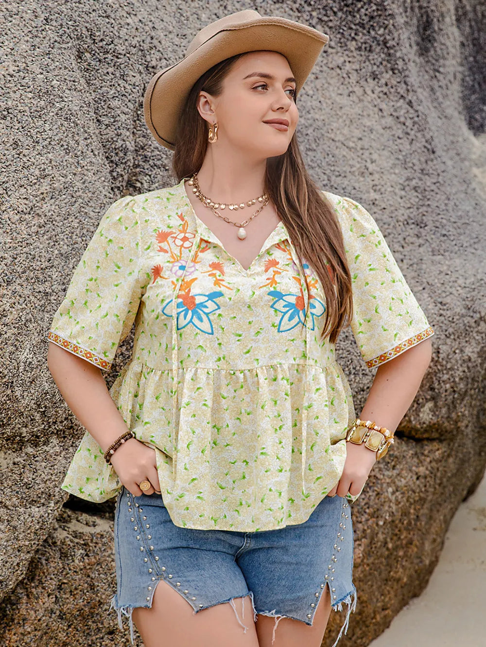 Plus Size Printed Tie Neck Half Sleeve Blouse - Premium Plus Size Shirts from Trendsi - Just $29.28! Shop now at Handbags Specialist Headquarter