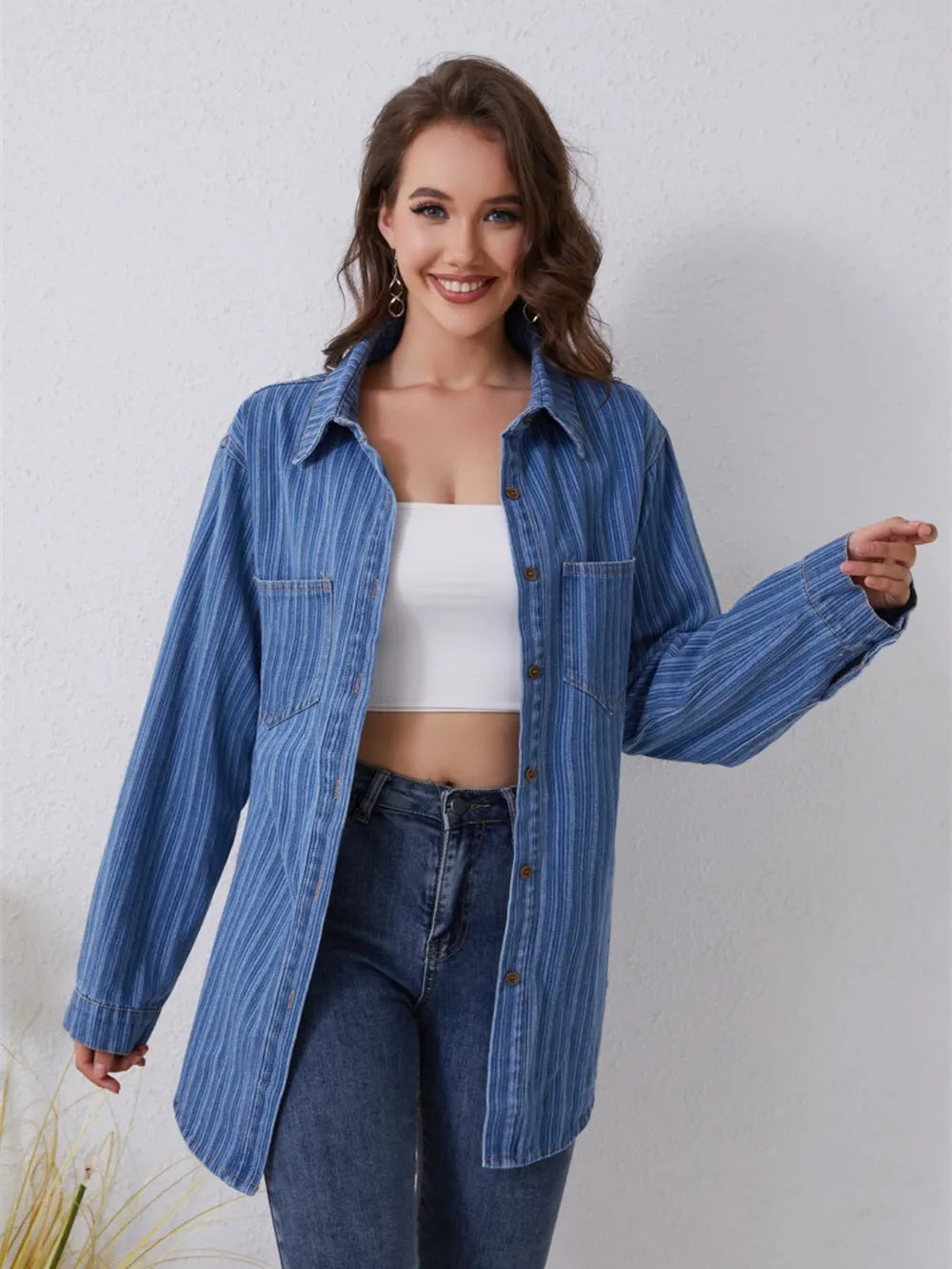 Pocketed Striped Button Up Denim Shirt - Premium Women / Jeans & Denim from Trendsi - Just $47! Shop now at Handbags Specialist Headquarter