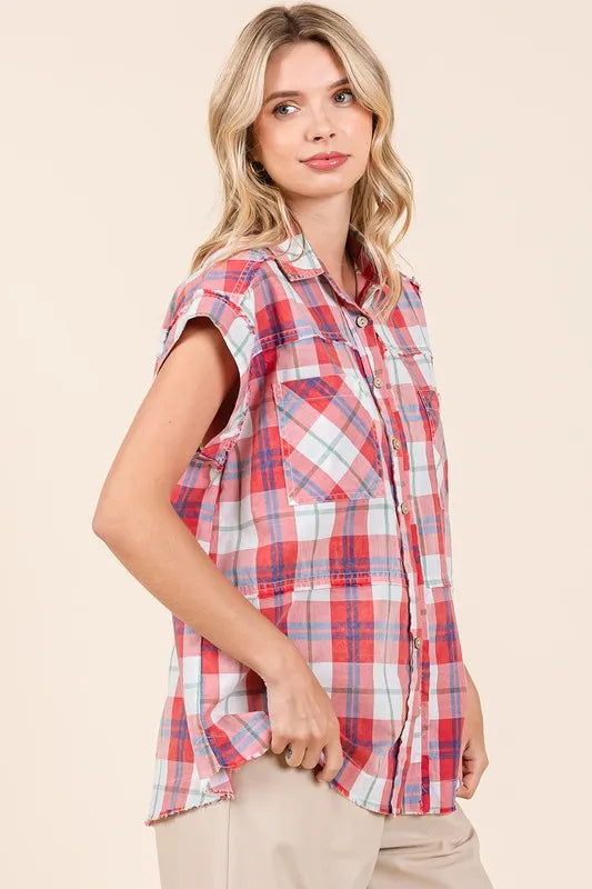Mittoshop Mineral Wash Plaid Button Down Shirt - Premium Women's Down Shirt Tops from Trendsi - Just $51.26! Shop now at Handbags Specialist Headquarter