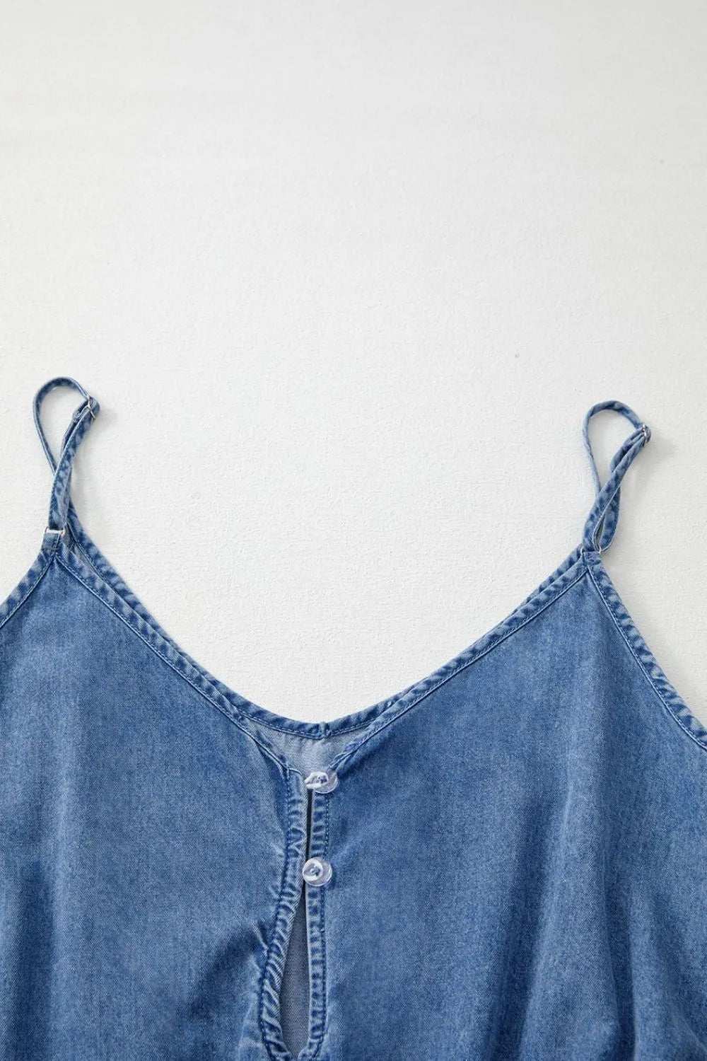 Spaghetti Straps V Neck Belted Ruffled Leg Chambray Romper - Premium Women / Jeans & Denim from Trendsi - Just $45.60! Shop now at Handbags Specialist Headquarter