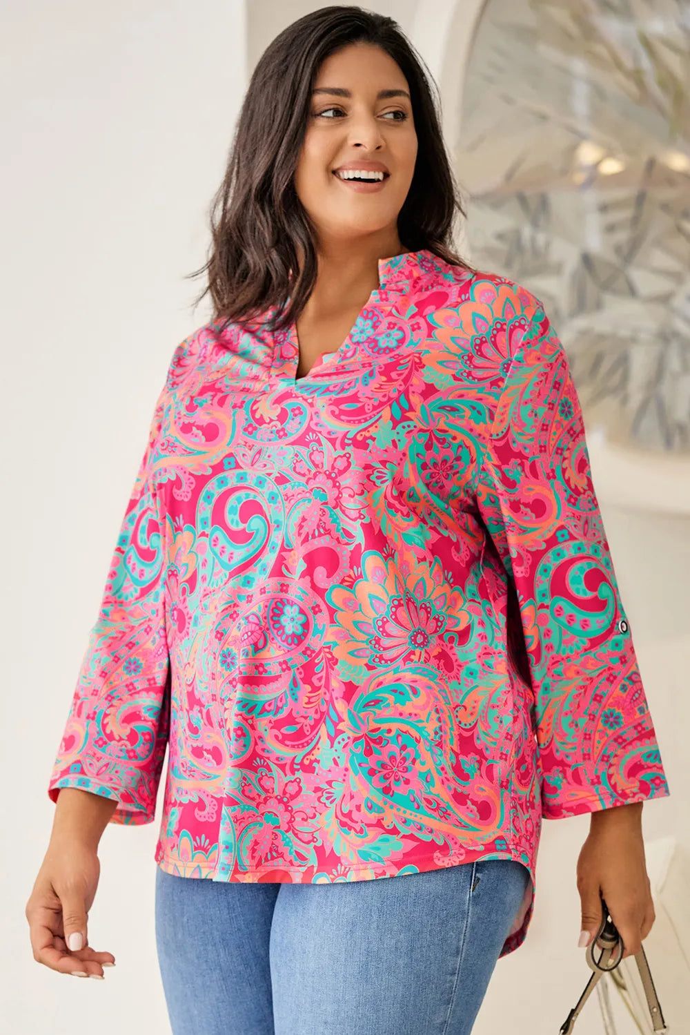 Plus Size Printed Notched Long Sleeve Blouse - Premium Plus Size Shirts from Trendsi - Just $24! Shop now at Handbags Specialist Headquarter