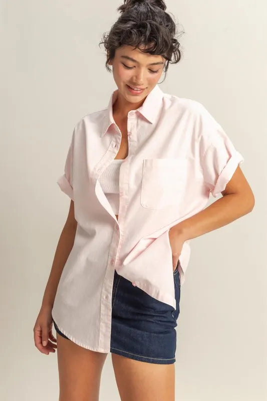 HYFVE Short Sleeve Button Down Oversized Shirt - Premium Women's Down Shirt Tops from Trendsi - Just $34.34! Shop now at Handbags Specialist Headquarter