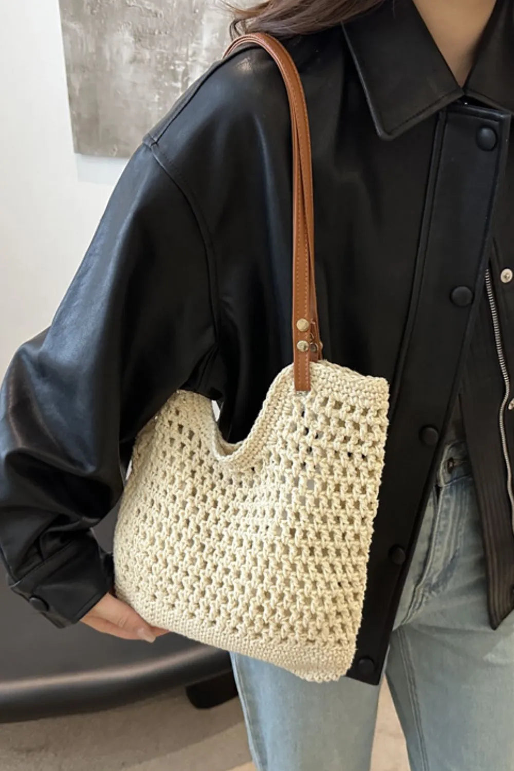 Openwork Woven Tote Bag - Premium Tote Bag from Trendsi - Just $39.99! Shop now at Handbags Specialist Headquarter