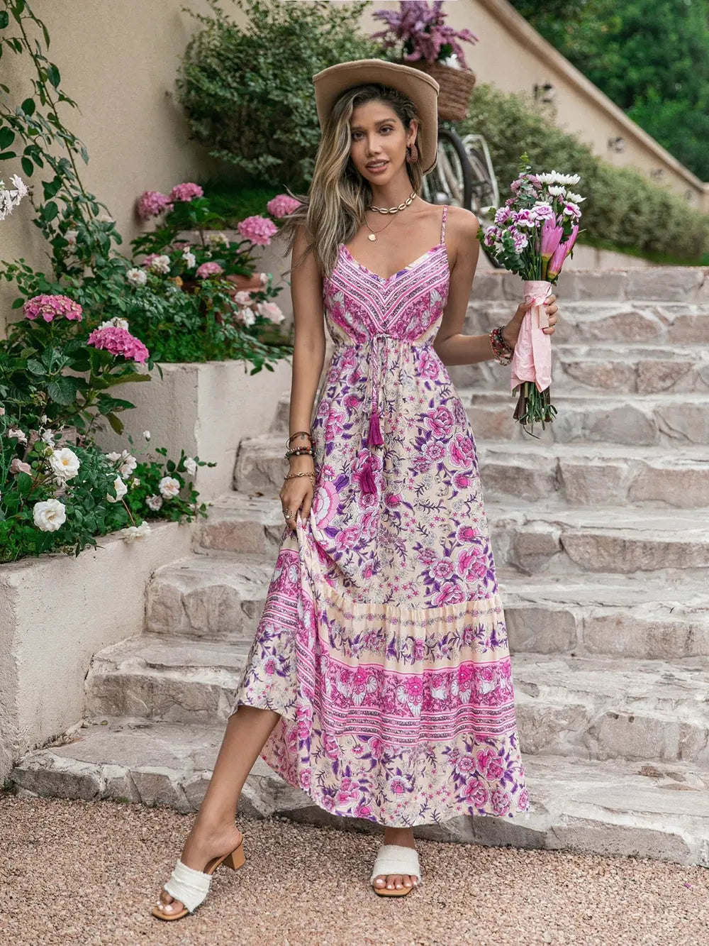 Tassel Printed V-Neck Maxi Dress - Premium Maxi Dress from Trendsi - Just $35.99! Shop now at Handbags Specialist Headquarter