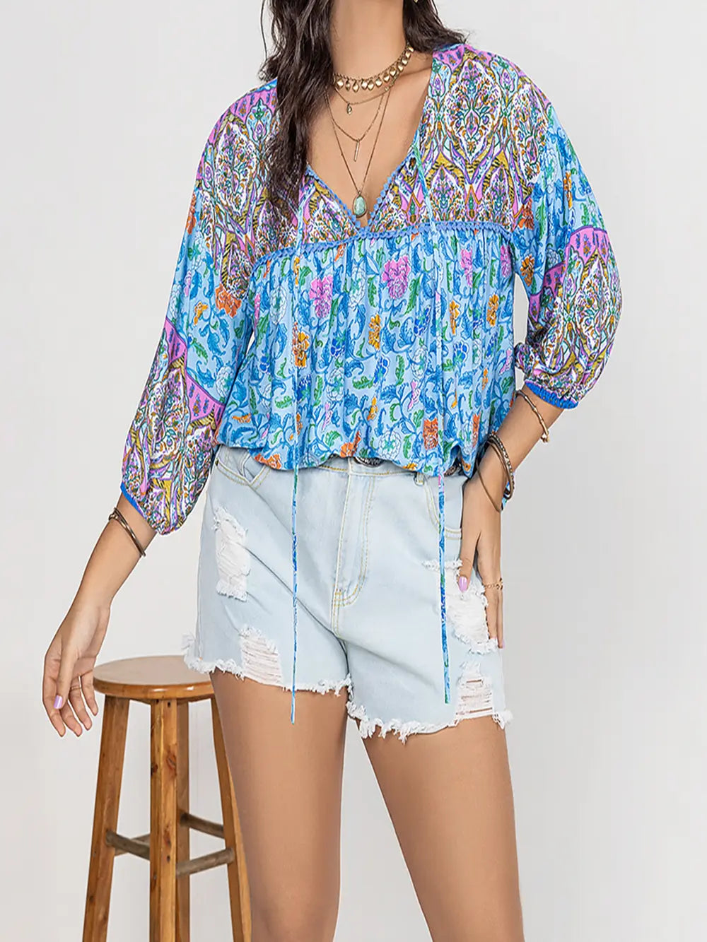 Plus Size Printed Tie Neck Balloon Sleeve Blouse - Premium Plus Size Shirts from Trendsi - Just $28! Shop now at Handbags Specialist Headquarter