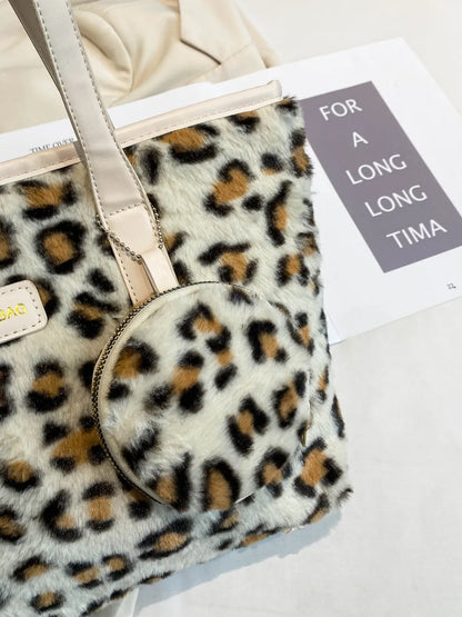 Leopard Faux Fur Tote Bag with Coin Purse - Premium Tote Bag from Trendsi - Just $39.99! Shop now at Handbags Specialist Headquarter