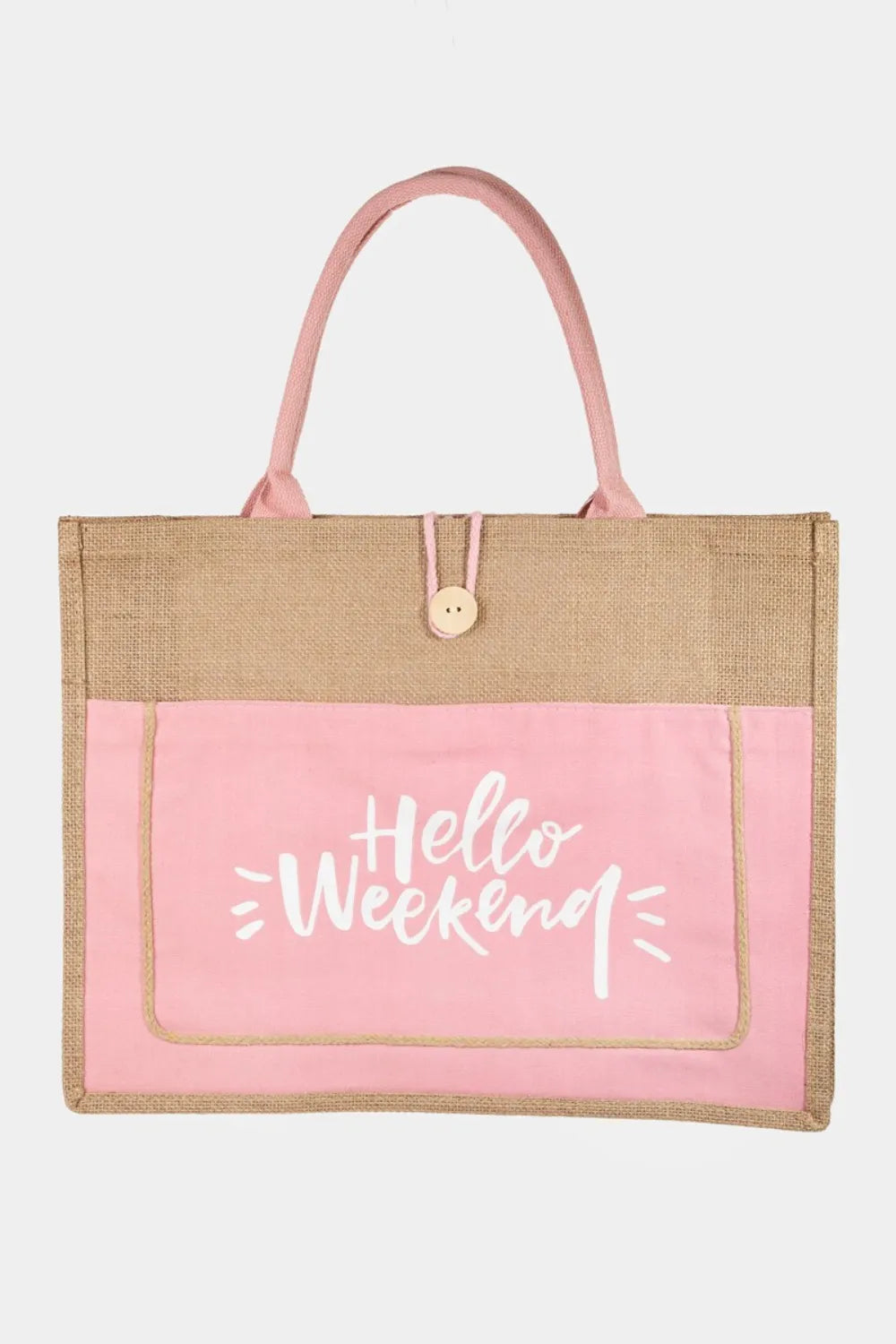 Fame Hello Weekend Burlap Tote Bag - Premium Tote Bag from Trendsi - Just $39.99! Shop now at Handbags Specialist Headquarter