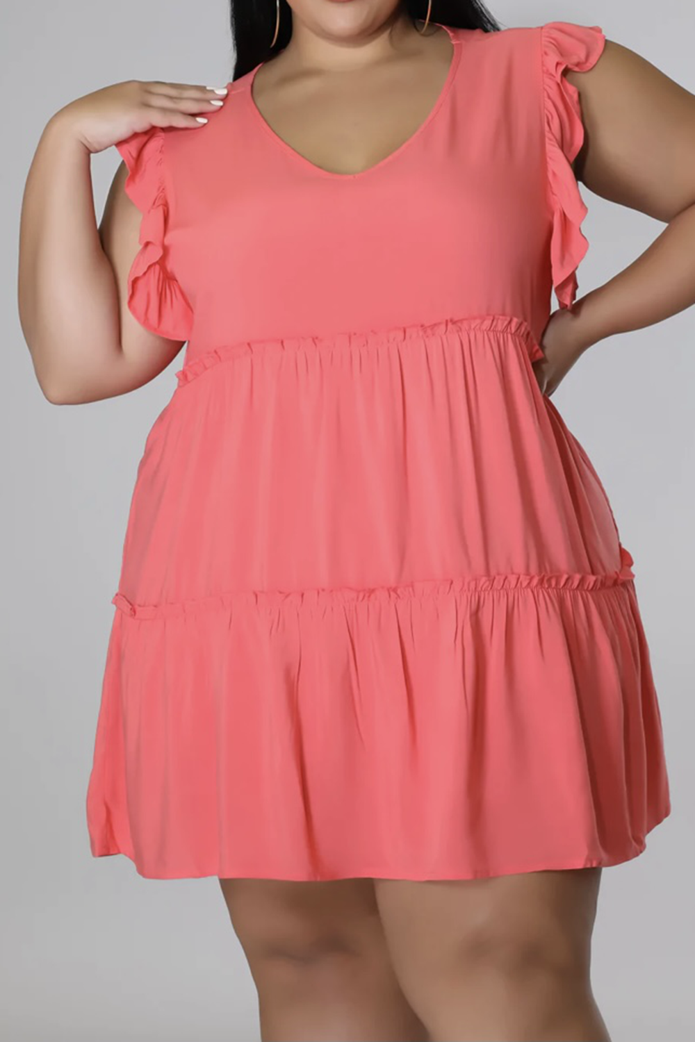 Plus Size V-Neck Frill Trim Mini Dress - Premium Dresses from Trendsi - Just $36.99! Shop now at Handbags Specialist Headquarter