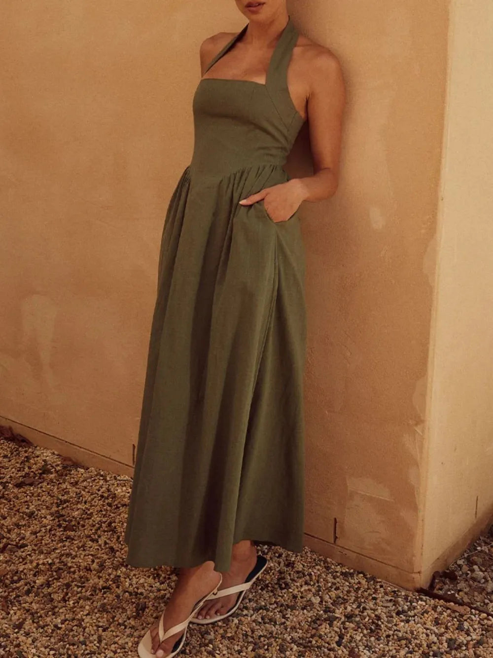 Halter Neck Maxi Dress with Pockets - Premium Maxi Dress from Trendsi - Just $27.99! Shop now at Handbags Specialist Headquarter