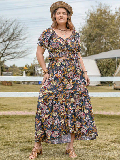Plus Size Tie Neck Short Sleeve Top and Skirt Set - Premium  from Trendsi - Just $50.99! Shop now at Handbags Specialist Headquarter