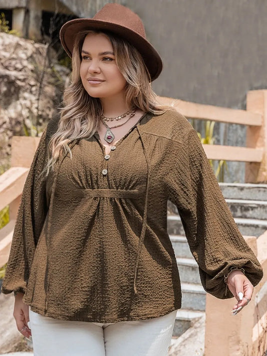 Plus Size Tie Neck Long Sleeve Blouse - Premium Plus Size Shirts from Trendsi - Just $28.50! Shop now at Handbags Specialist Headquarter
