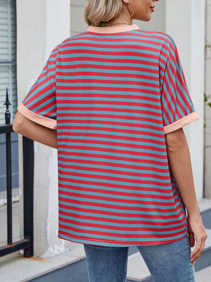 Striped Round Neck Half Sleeve T-Shirt - Premium Women / Tops from Trendsi - Just $19.34! Shop now at Handbags Specialist Headquarter