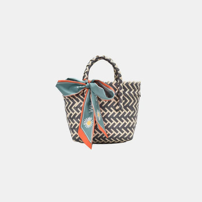 Contrast Woven Handbag with Ribbon - Premium Tote Bag from Trendsi - Just $39.99! Shop now at Handbags Specialist Headquarter