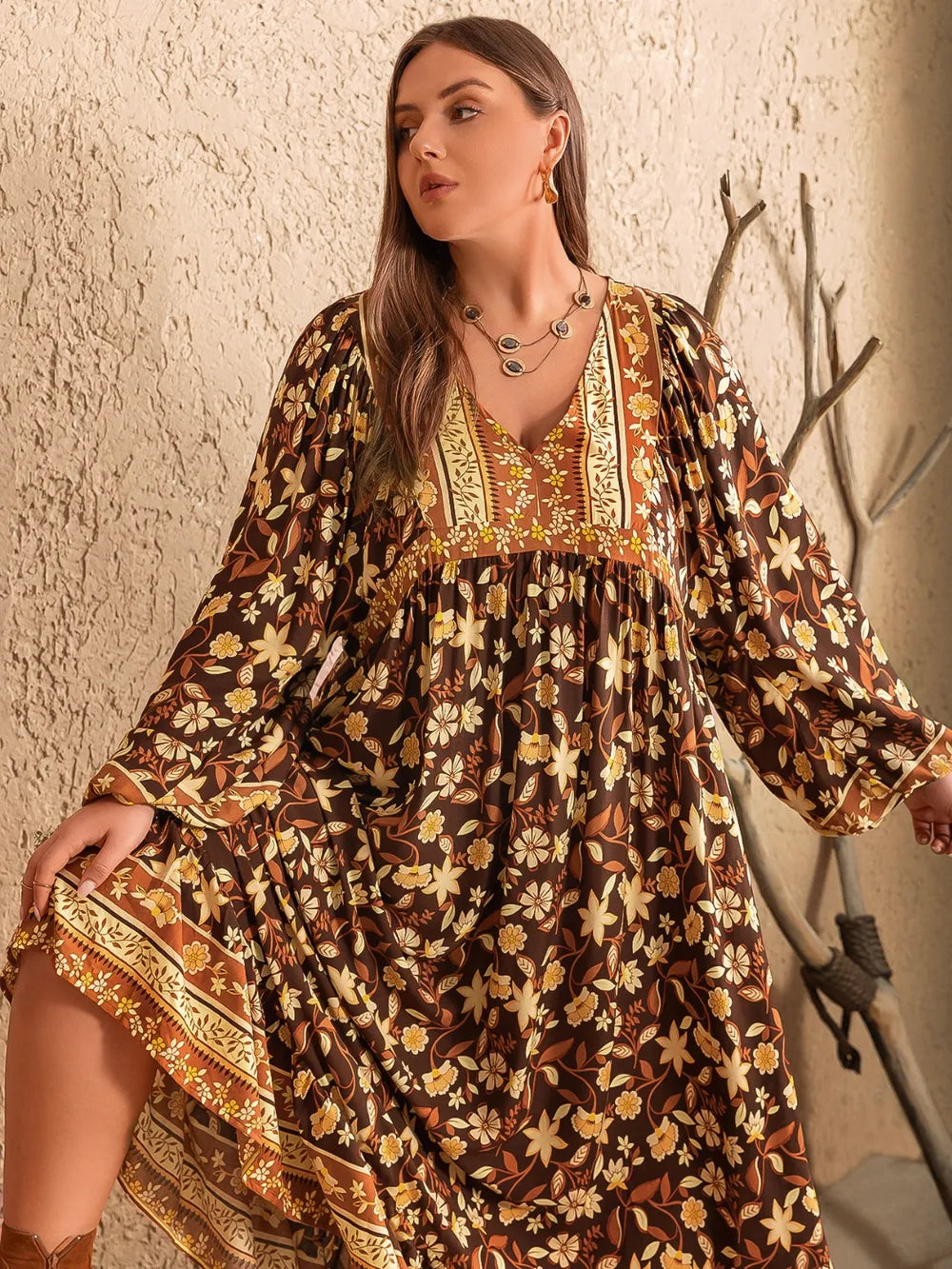 Plus Size Printed V-Neck Balloon Sleeve Dress - Premium Dresses from Trendsi - Just $49.99! Shop now at Handbags Specialist Headquarter