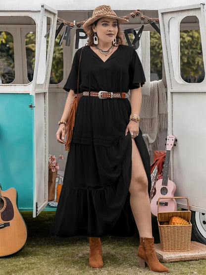 Plus Size Tie Neck Flutter Sleeve Dress - Premium Dresses from Trendsi - Just $41.99! Shop now at Handbags Specialist Headquarter