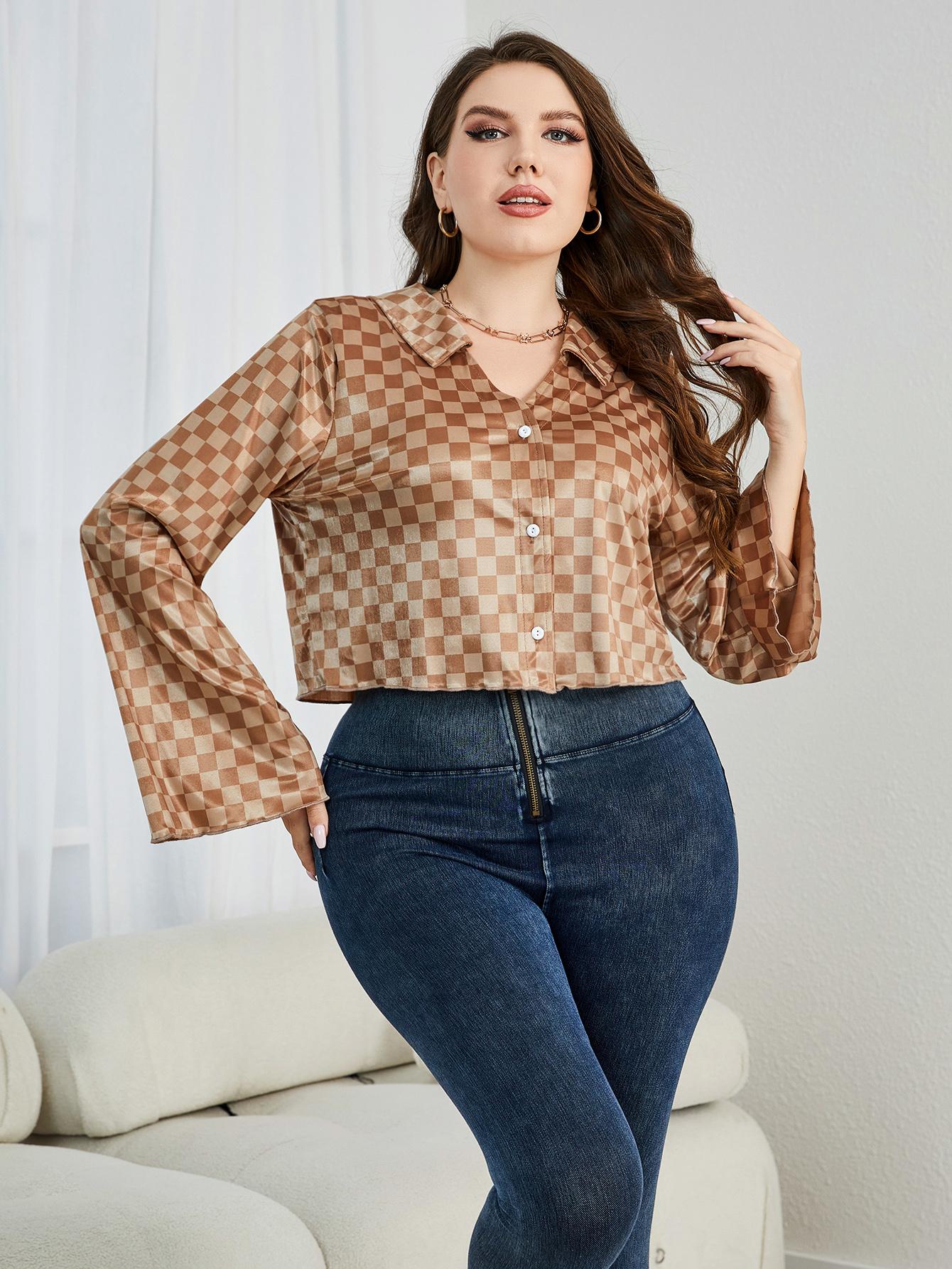Plus Size Checkered Johnny Collar Flare Sleeve Shirt - Premium Plus Size Shirts from Trendsi - Just $27! Shop now at Handbags Specialist Headquarter