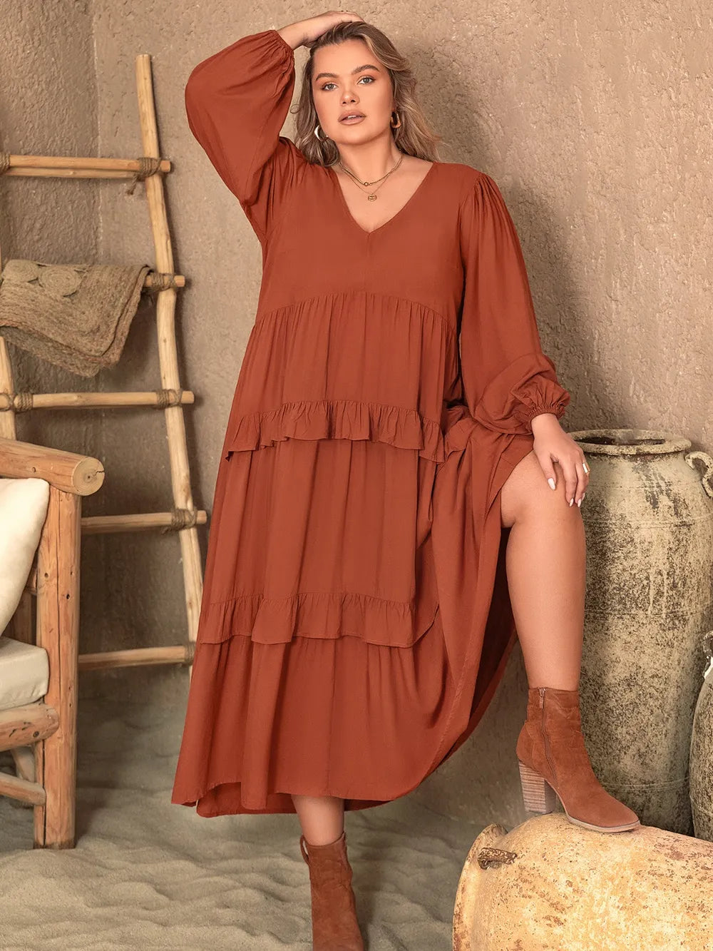 Plus Size Ruffled V-Neck Balloon Sleeve Dress - Premium Dresses from Trendsi - Just $46.99! Shop now at Handbags Specialist Headquarter