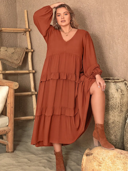 Plus Size Ruffled V-Neck Balloon Sleeve Dress - Premium Dresses from Trendsi - Just $46.99! Shop now at Handbags Specialist Headquarter