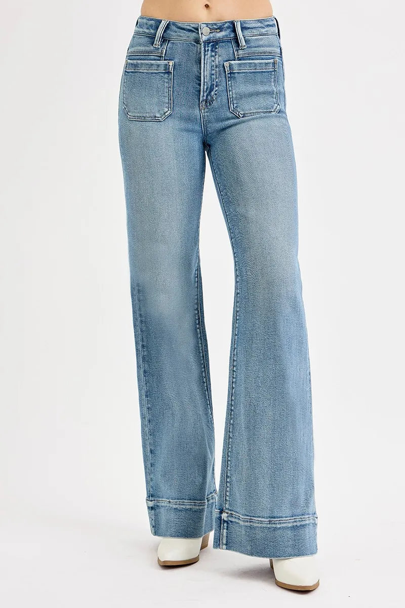 RISEN Full Size High Rise Wide Flare Patch Pocket Jeans Plus Size - Premium Women / Jeans & Denim from Trendsi - Just $66.99! Shop now at Handbags Specialist Headquarter
