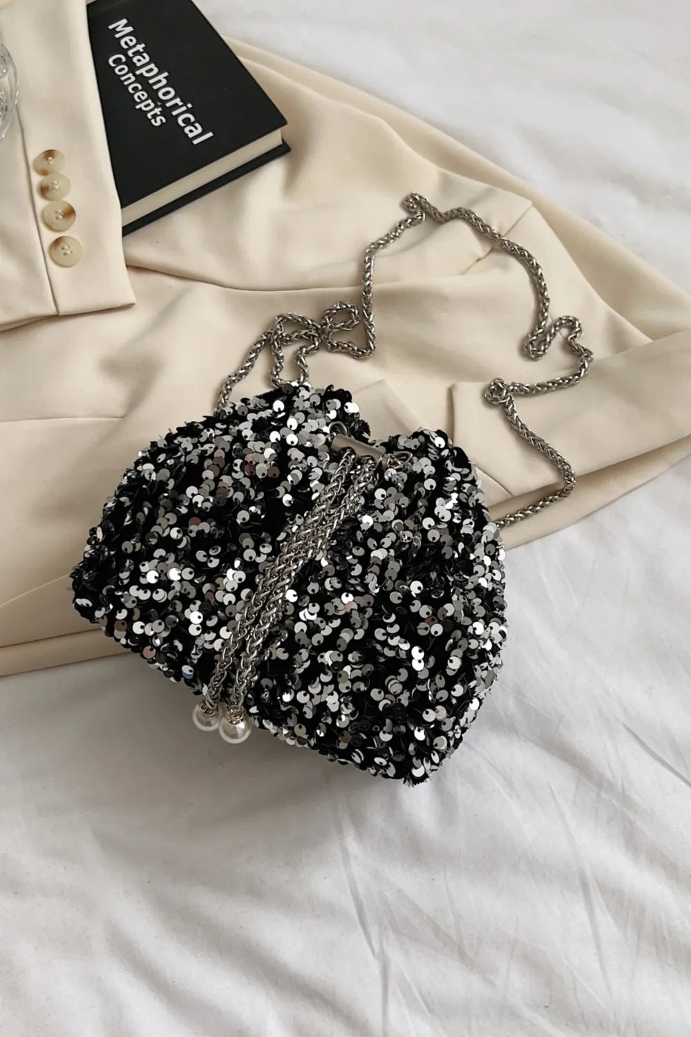 Sequin Chain Drawstring Bucket Bag - Premium Crossbody Bag from Trendsi - Just $21.99! Shop now at Handbags Specialist Headquarter