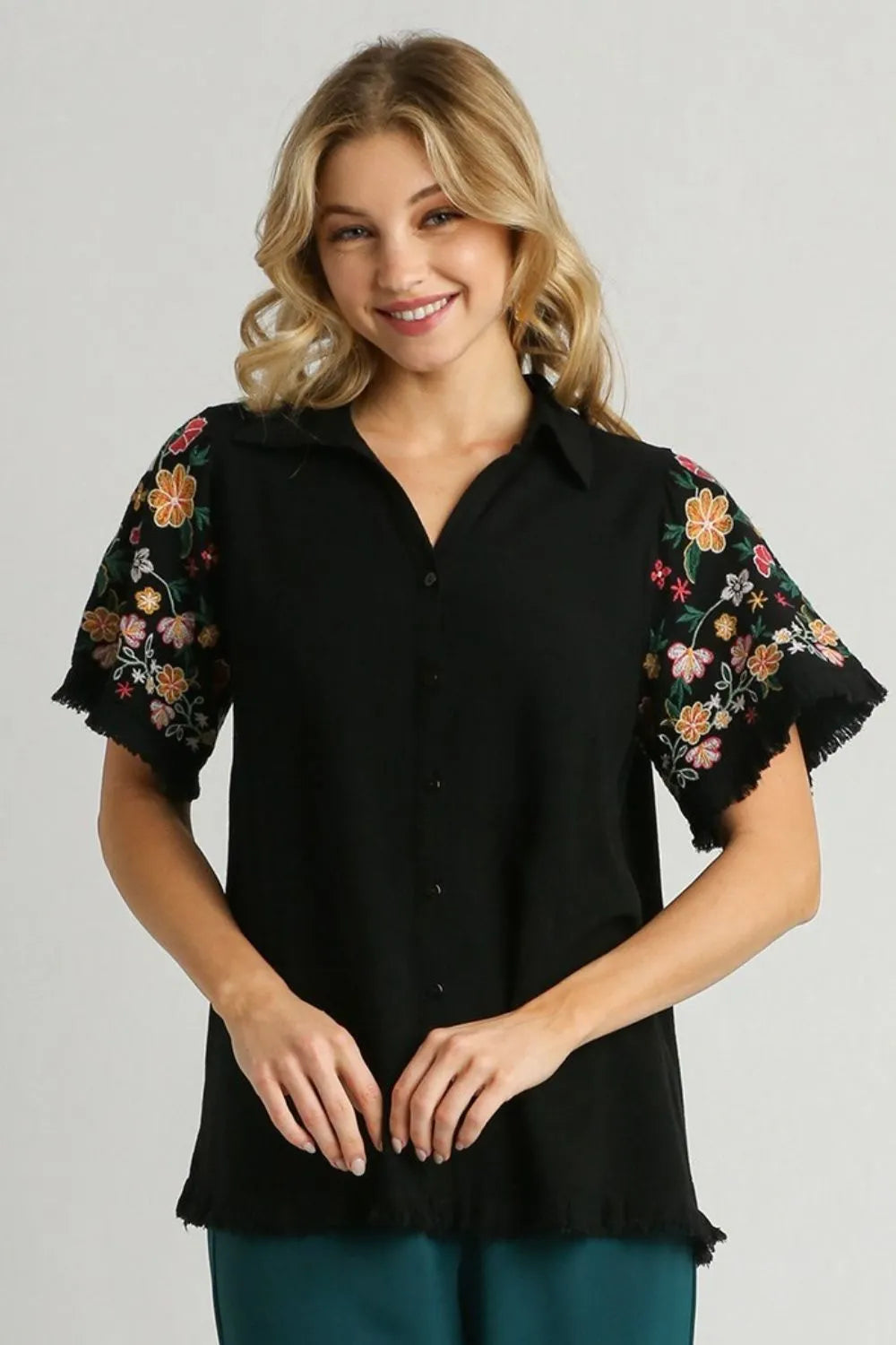 Umgee Full Size Linen Shirt with Embroidered Sleeves Plus Size - Premium Dresses from Trendsi - Just $60.99! Shop now at Handbags Specialist Headquarter
