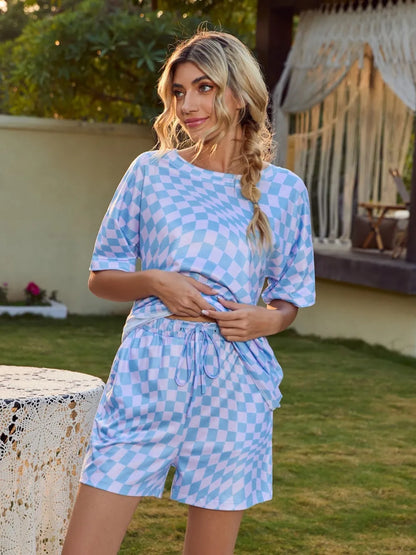 Plaid Round Neck Top and Shorts Lounge Set - Premium sleepwear from Trendsi - Just $30.99! Shop now at Handbags Specialist Headquarter