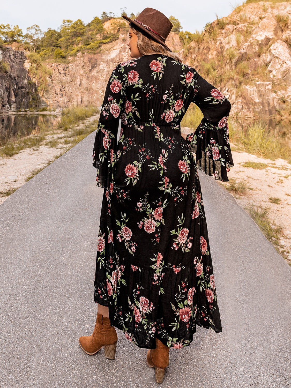 Plus Size Floral Flare Sleeve Dress - Premium Dresses from Trendsi - Just $53.99! Shop now at Handbags Specialist Headquarter