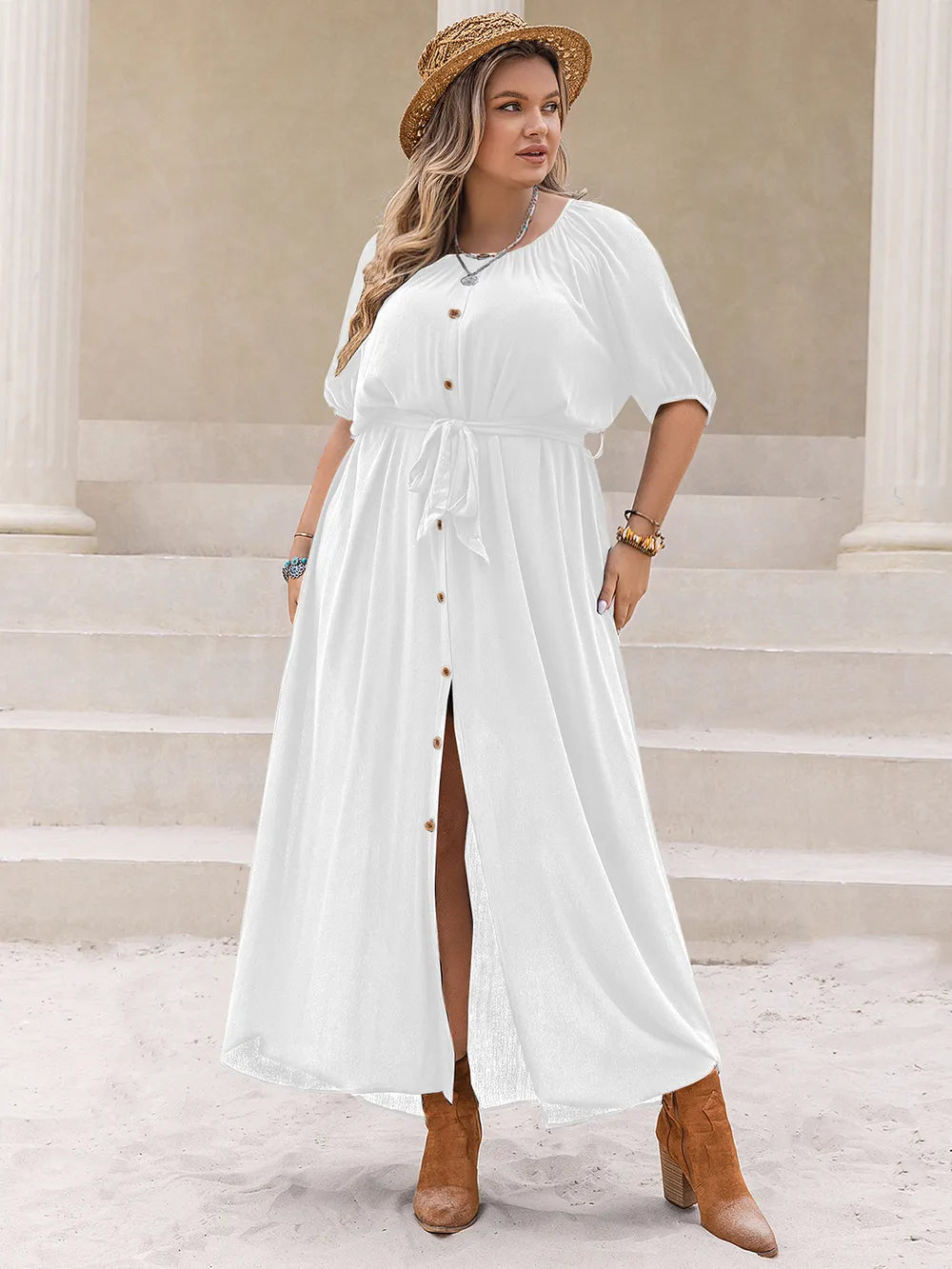 Plus Size Round Neck Half Sleeve Dress - Premium Dresses from Trendsi - Just $45.99! Shop now at Handbags Specialist Headquarter