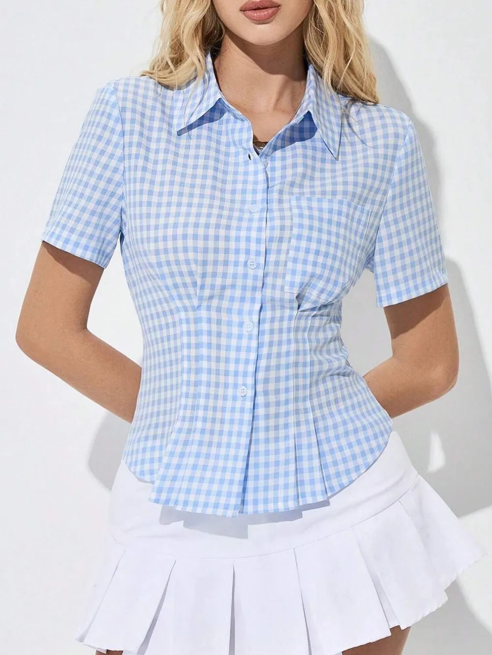 Button Down Short Sleeve Shirt - Premium Women's Down Shirt Tops from Trendsi - Just $25.50! Shop now at Handbags Specialist Headquarter