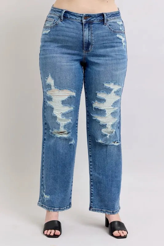 Judy Blue Full Size High Waist Heavy Destroy Straight Jeans Plus Size - Premium Women / Jeans & Denim from Trendsi - Just $62.99! Shop now at Handbags Specialist Headquarter