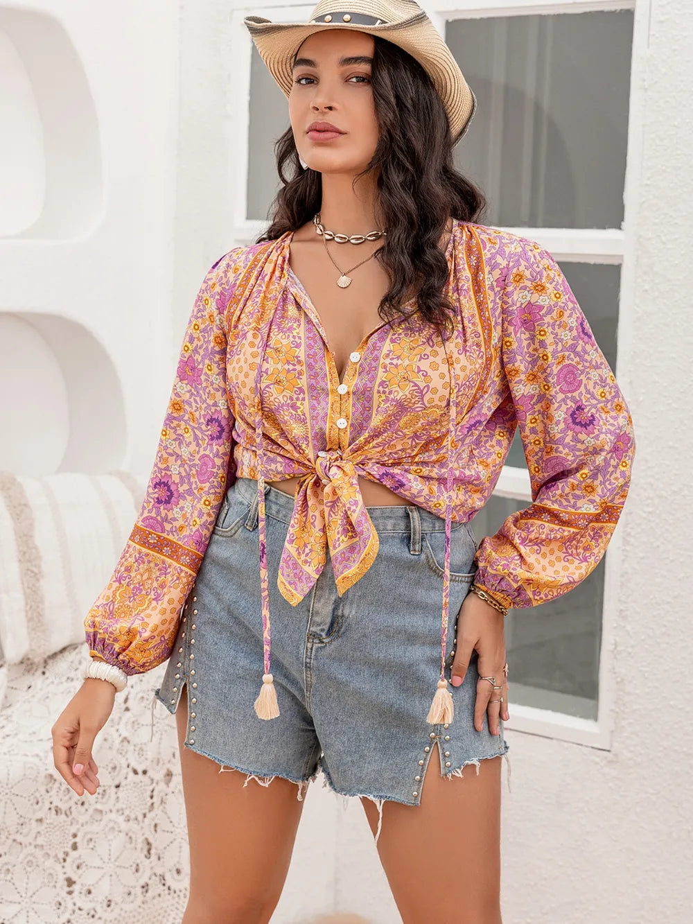 Plus Size Tie Neck Tassel Printed Blouse - Premium Plus Size Shirts from Trendsi - Just $30! Shop now at Handbags Specialist Headquarter