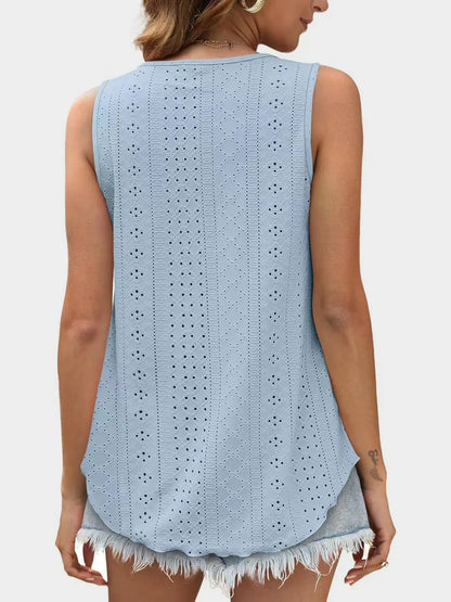 Florira Eyelet Round Neck Tank - Premium Tops from Trendsi - Just $18.22! Shop now at Handbags Specialist Headquarter