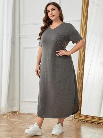 Plus Size Pocketed V-Neck Short Sleeve Lounge Dress - Premium Sleepwear from Trendsi - Just $29! Shop now at Handbags Specialist Headquarter