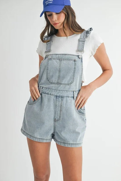 MABLE Square Neck Ruffle Shoulder Denim Overall Romper - Premium Women / Jeans & Denim from Trendsi - Just $67.12! Shop now at Handbags Specialist Headquarter
