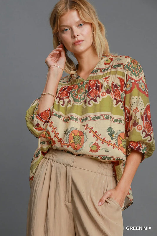 Umgee Full Size Border Print Notched 3/4 Puff Sleeve Blouse Plus Size - Premium Dresses from Trendsi - Just $46.99! Shop now at Handbags Specialist Headquarter