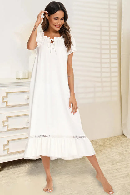 Lace Detail Short Sleeve Lounge Dress - Premium Sleepwear from Trendsi - Just $29! Shop now at Handbags Specialist Headquarter