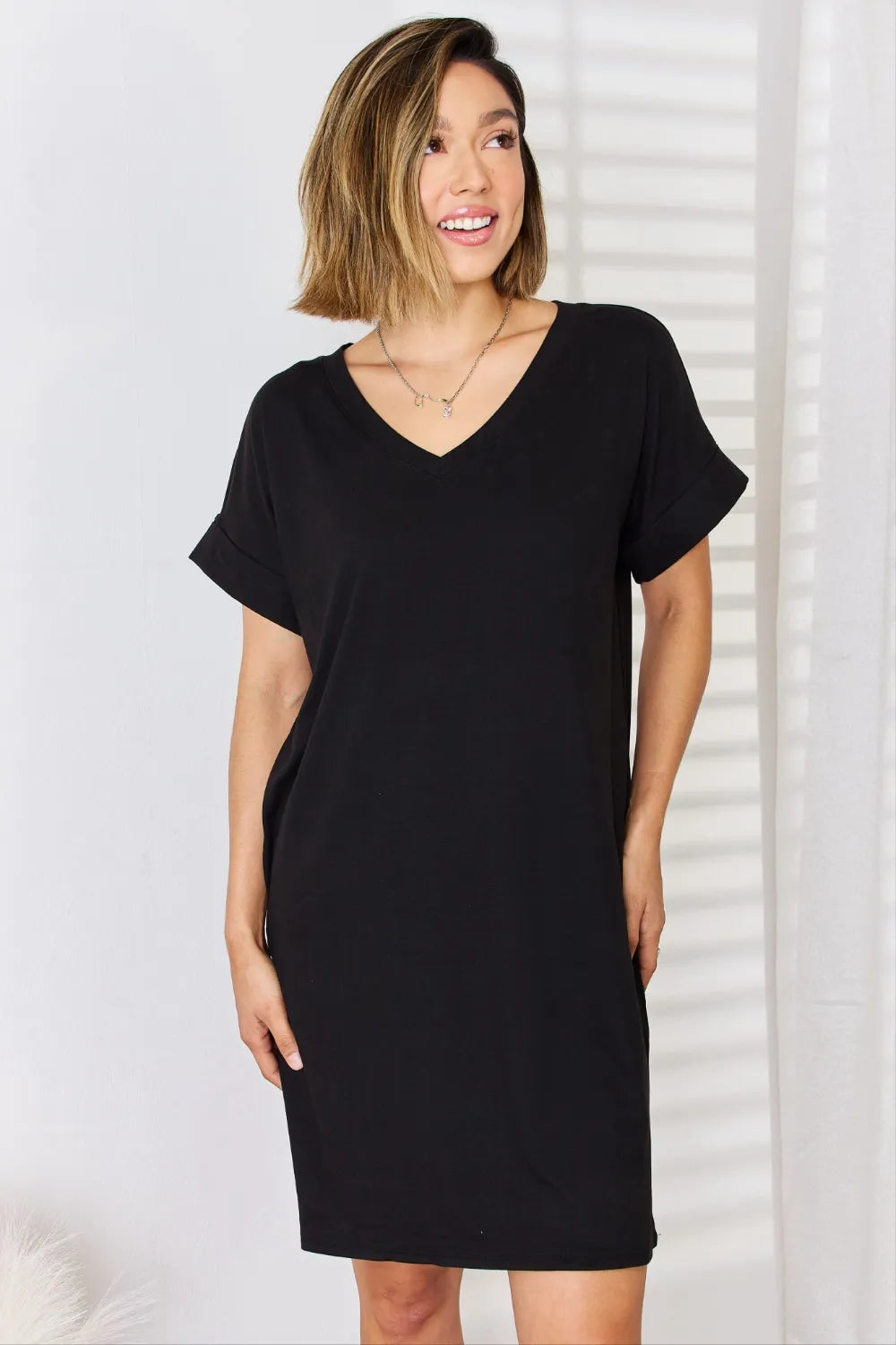 Zenana Full Size Rolled Short Sleeve V-Neck Dress - Premium Dresses from Trendsi - Just $22.99! Shop now at Handbags Specialist Headquarter