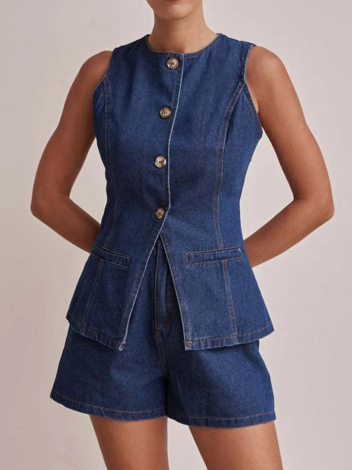 Button Down Vest and Shorts Denim Set - Premium Women / Jeans & Denim from Trendsi - Just $65.12! Shop now at Handbags Specialist Headquarter