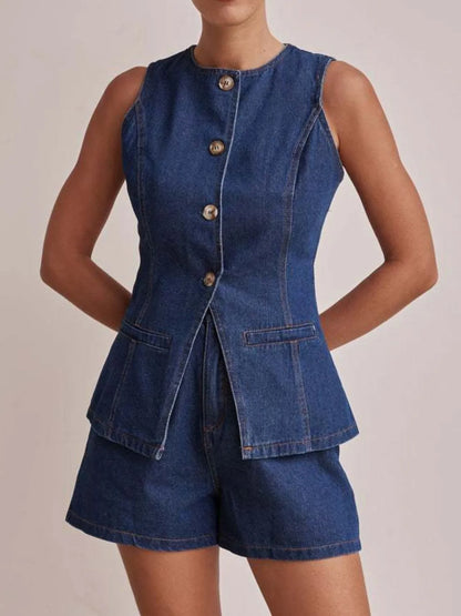 Button Down Vest and Shorts Denim Set - Premium Women / Jeans & Denim from Trendsi - Just $65.12! Shop now at Handbags Specialist Headquarter