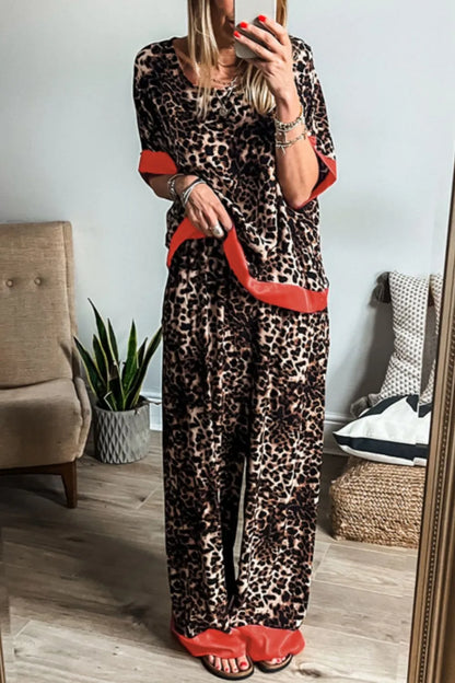 Contrast Trim Leopard Round Neck Top and Pants Lounge Set - Premium Sleepwear from Trendsi - Just $53.99! Shop now at Handbags Specialist Headquarter