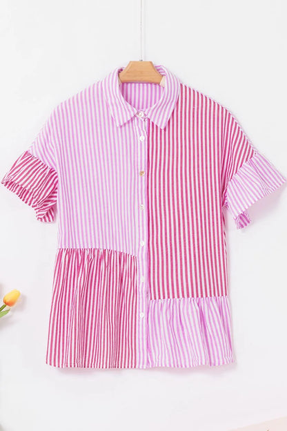 Button Down Striped Ruffled Hem Shirt - Premium Women's Down Shirt Tops from Trendsi - Just $28.46! Shop now at Handbags Specialist Headquarter