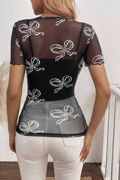 Bow Mesh Round Neck Short Sleeve T-Shirt - Premium Women / Tops from Trendsi - Just $14.84! Shop now at Handbags Specialist Headquarter
